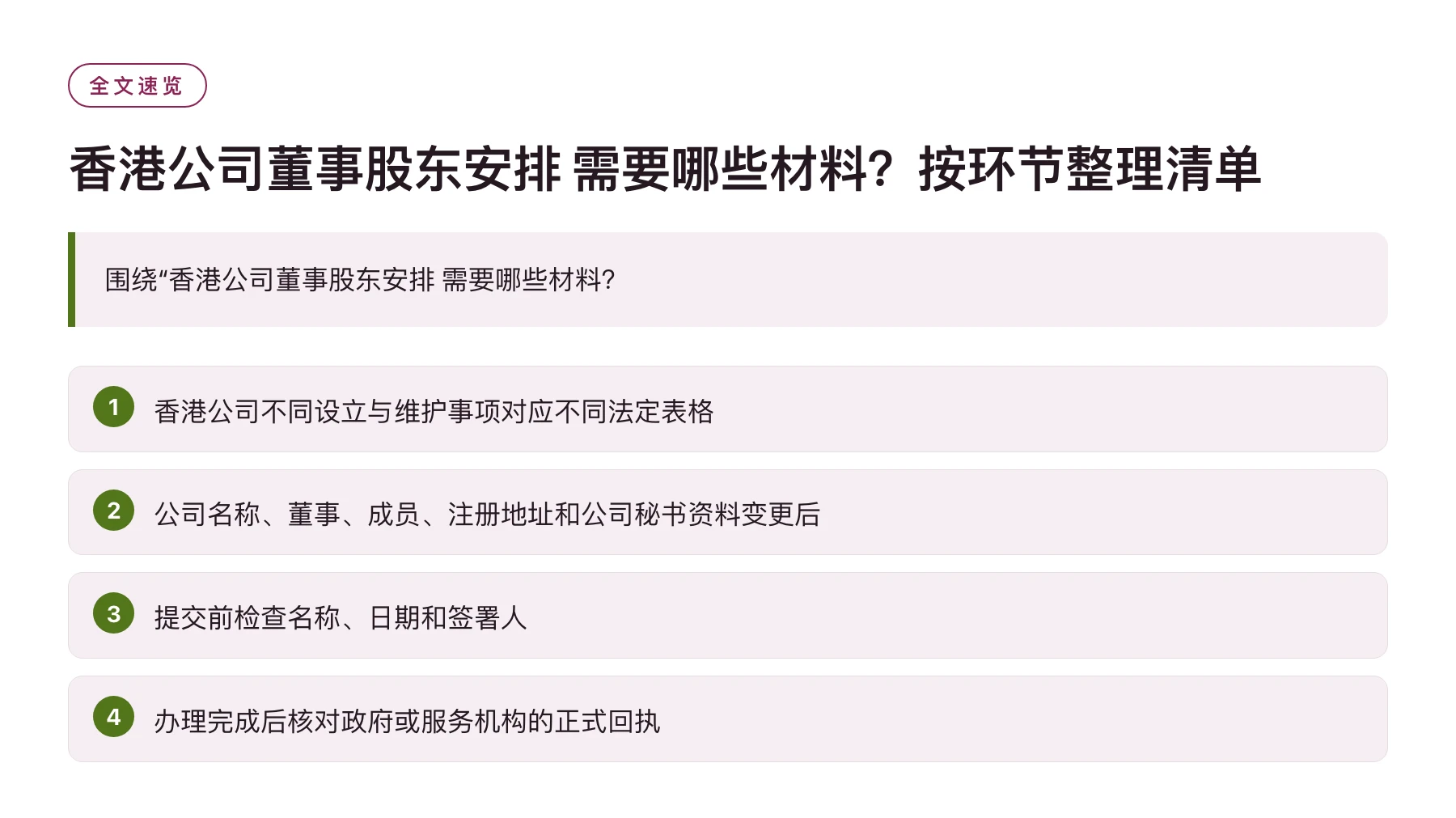 香港公司董事股东安排 需要哪些材料？按环节整理清单——全文要点速览
