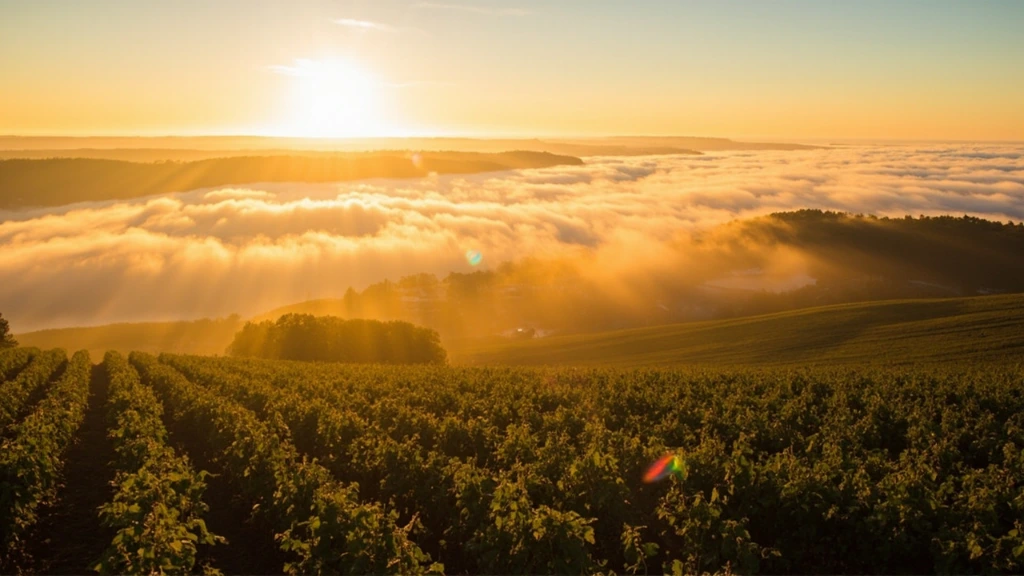 Golden-hour view of Niagara vineyards with the escarpment in the distance