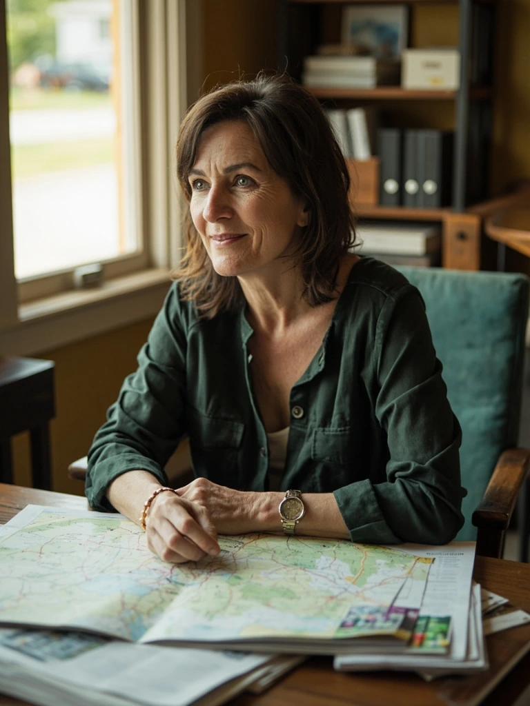 Editor-in-chief at her desk with printed regional maps