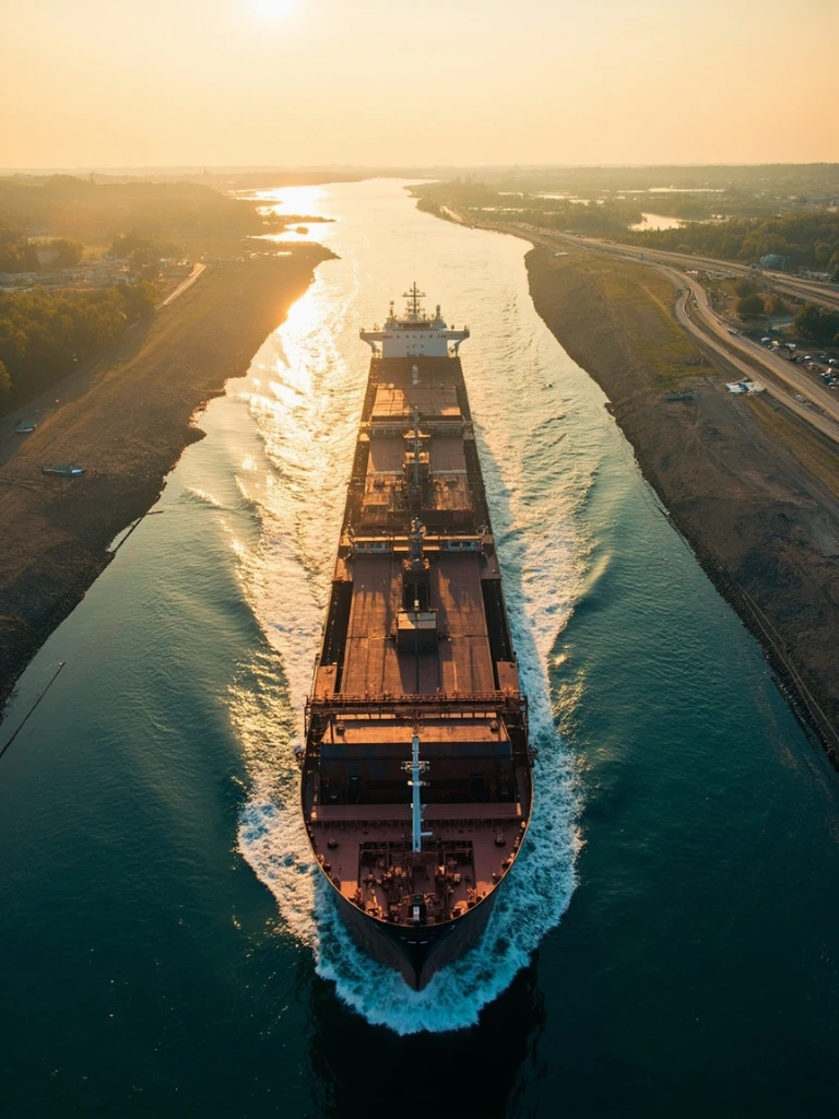 A freighter transiting a Welland canal lock at dusk