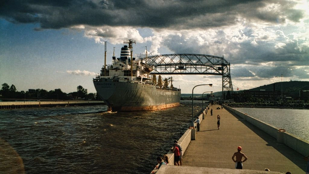 A freighter in the Welland canal at dusk