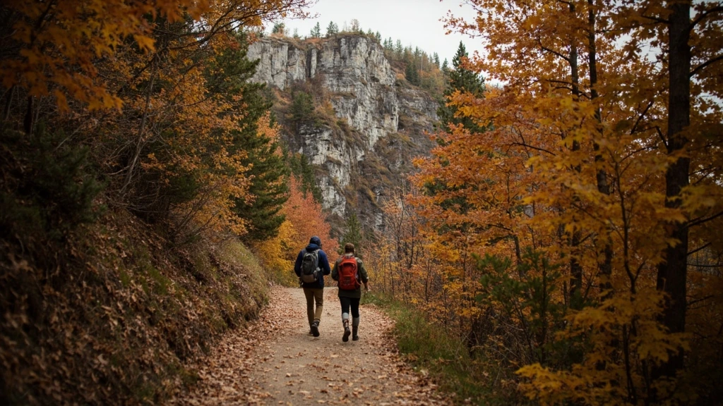 Hikers on an autumn escarpment trail