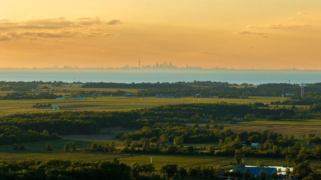 Aerial view of the Niagara region at golden hour, with vineyards, the Niagara River and distant mist of the Falls.